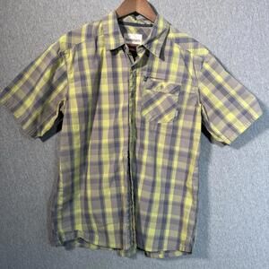 Simms Mens L Short Sleeve Outdoor Fishing Shirt Zip Pocket Green‎ Grey Plaid